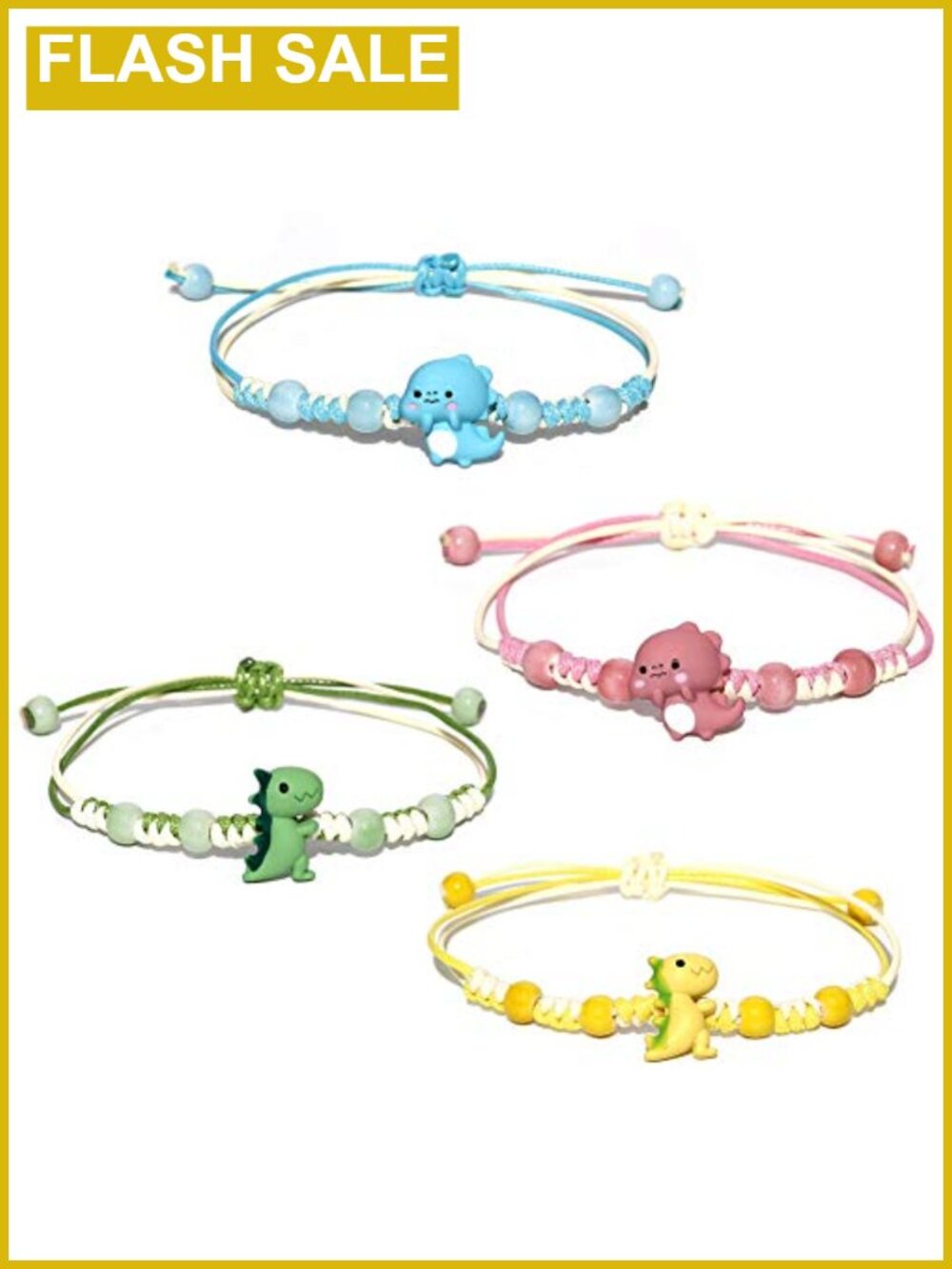 4 Pc Dinosaur Beaded Friendship Bracelets Adjustable Wax Cord